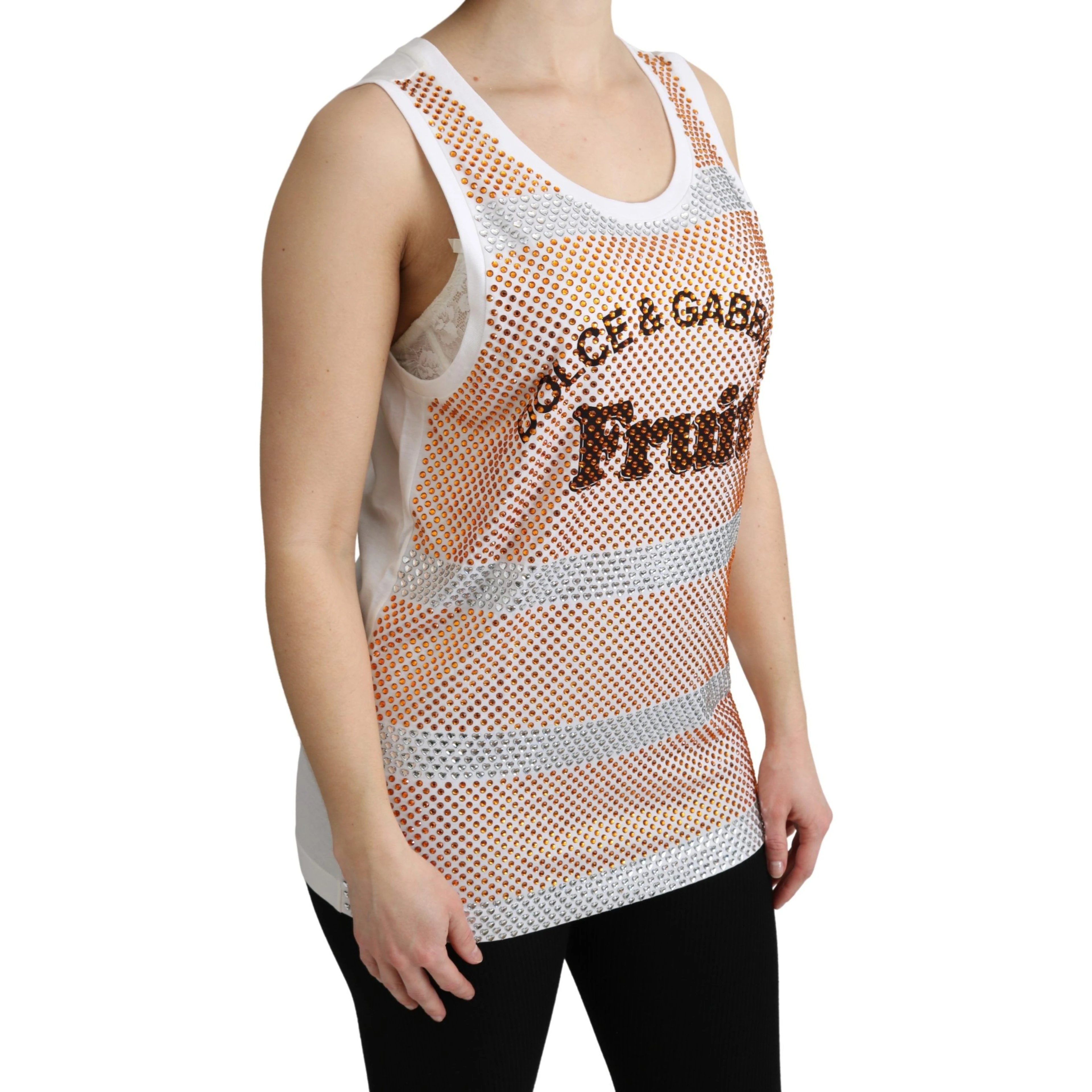 White Orange Crystal Sleeveless Tank Cotton Top