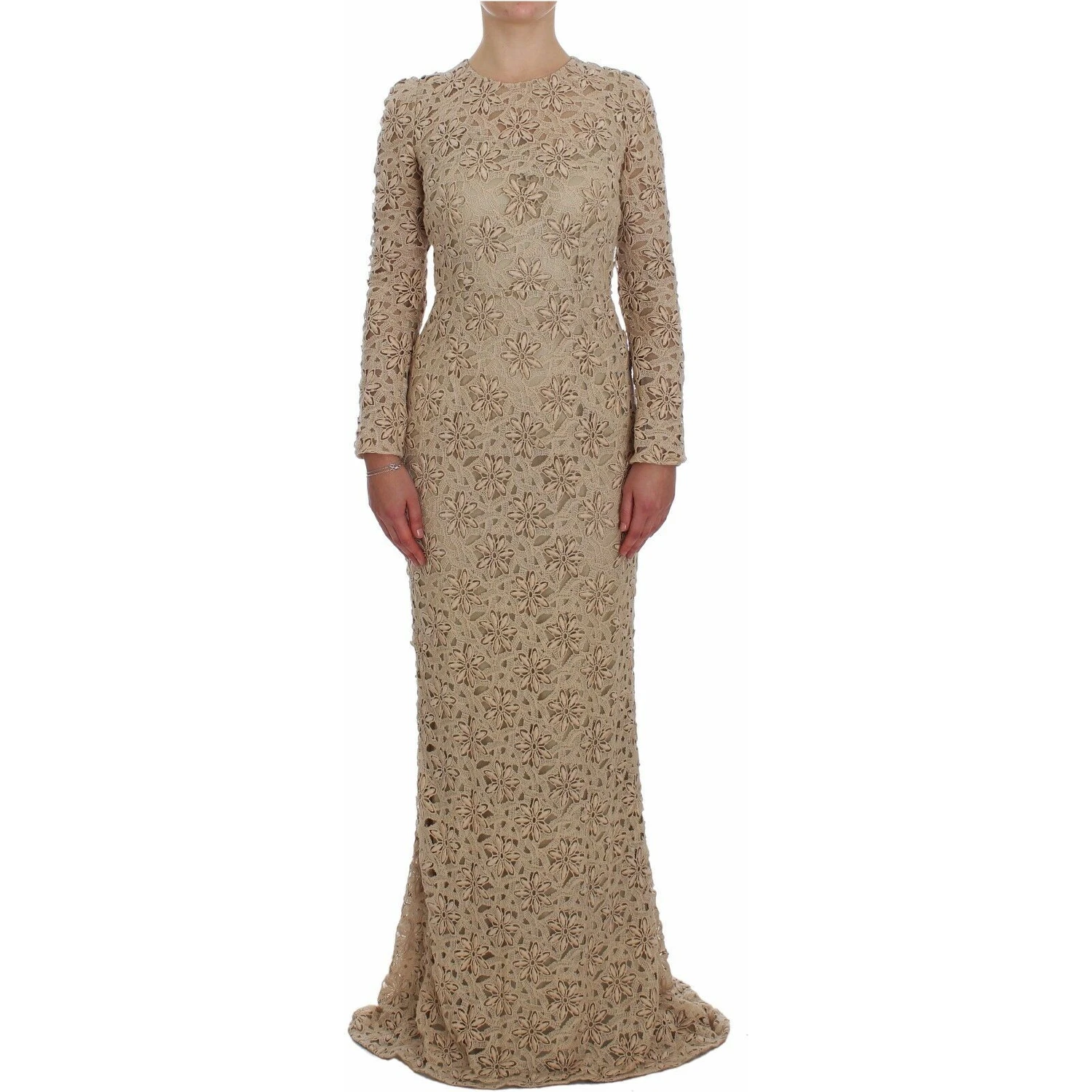 Beige Floral Lace Sheath Maxi Dress