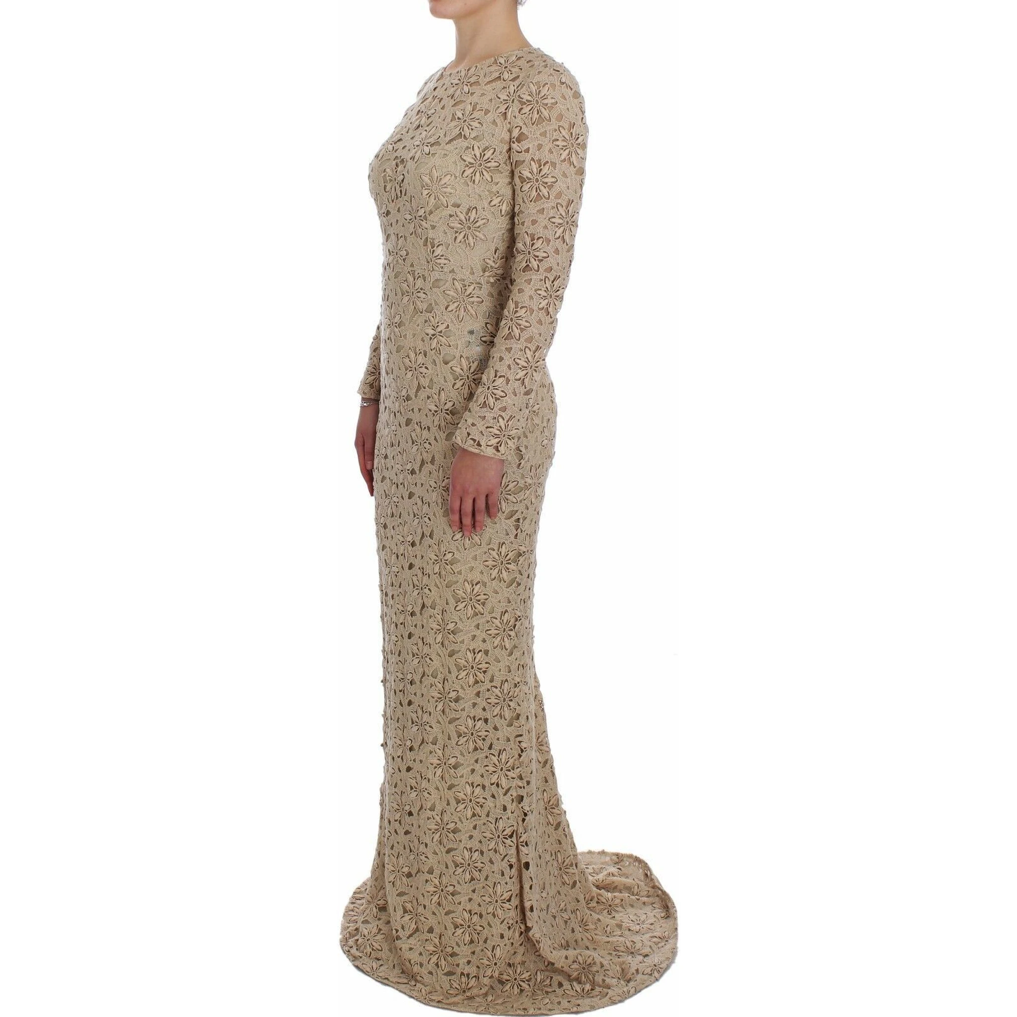 Beige Floral Lace Sheath Maxi Dress