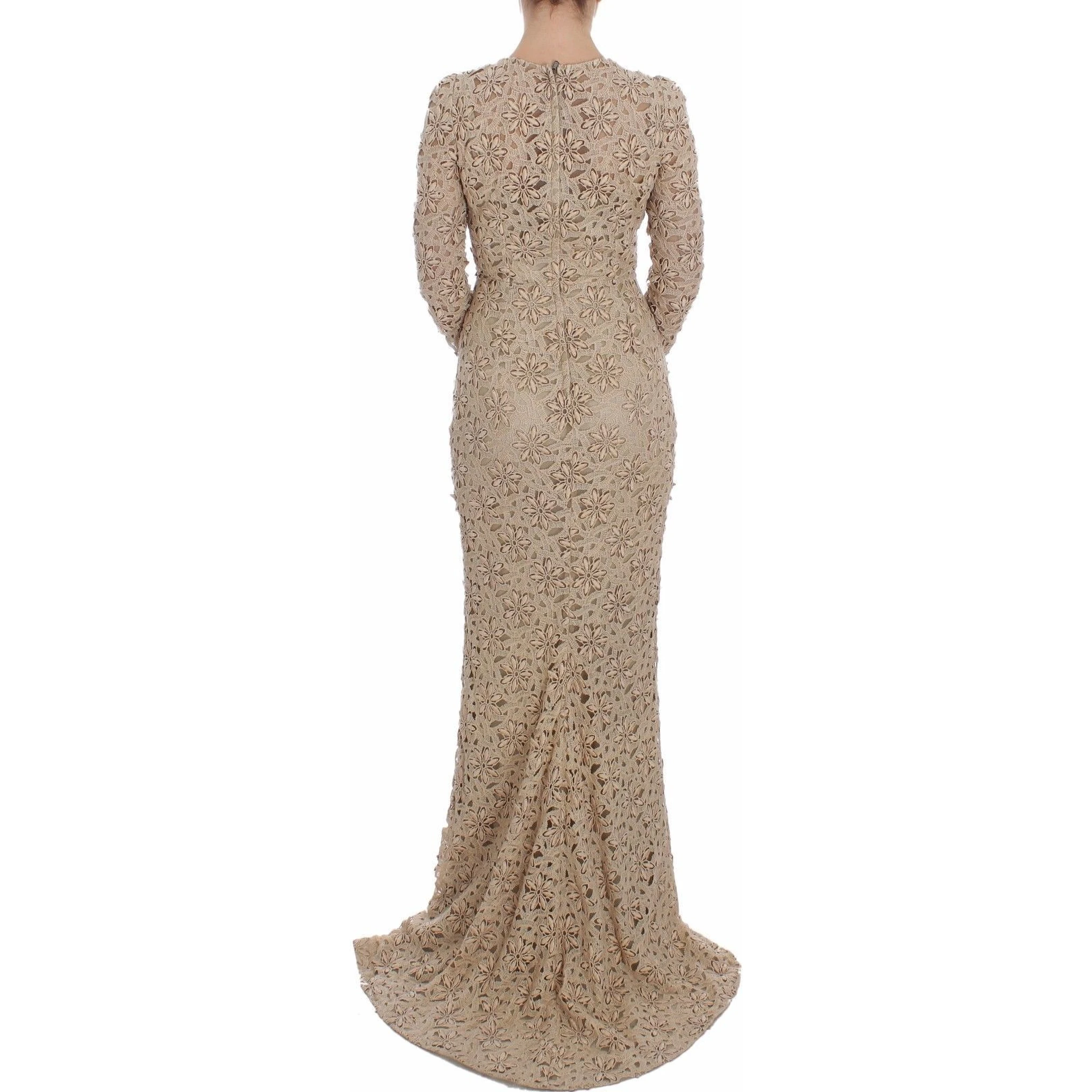 Beige Floral Lace Sheath Maxi Dress