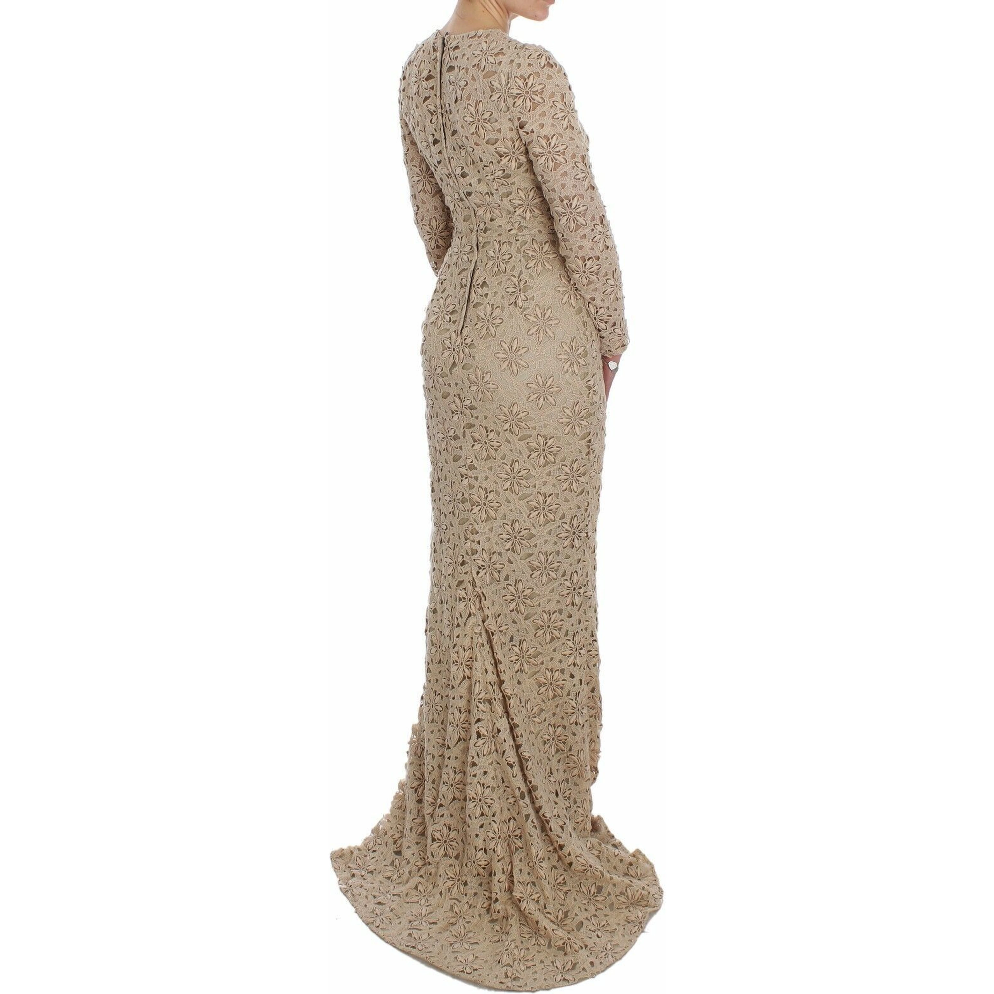 Beige Floral Lace Sheath Maxi Dress