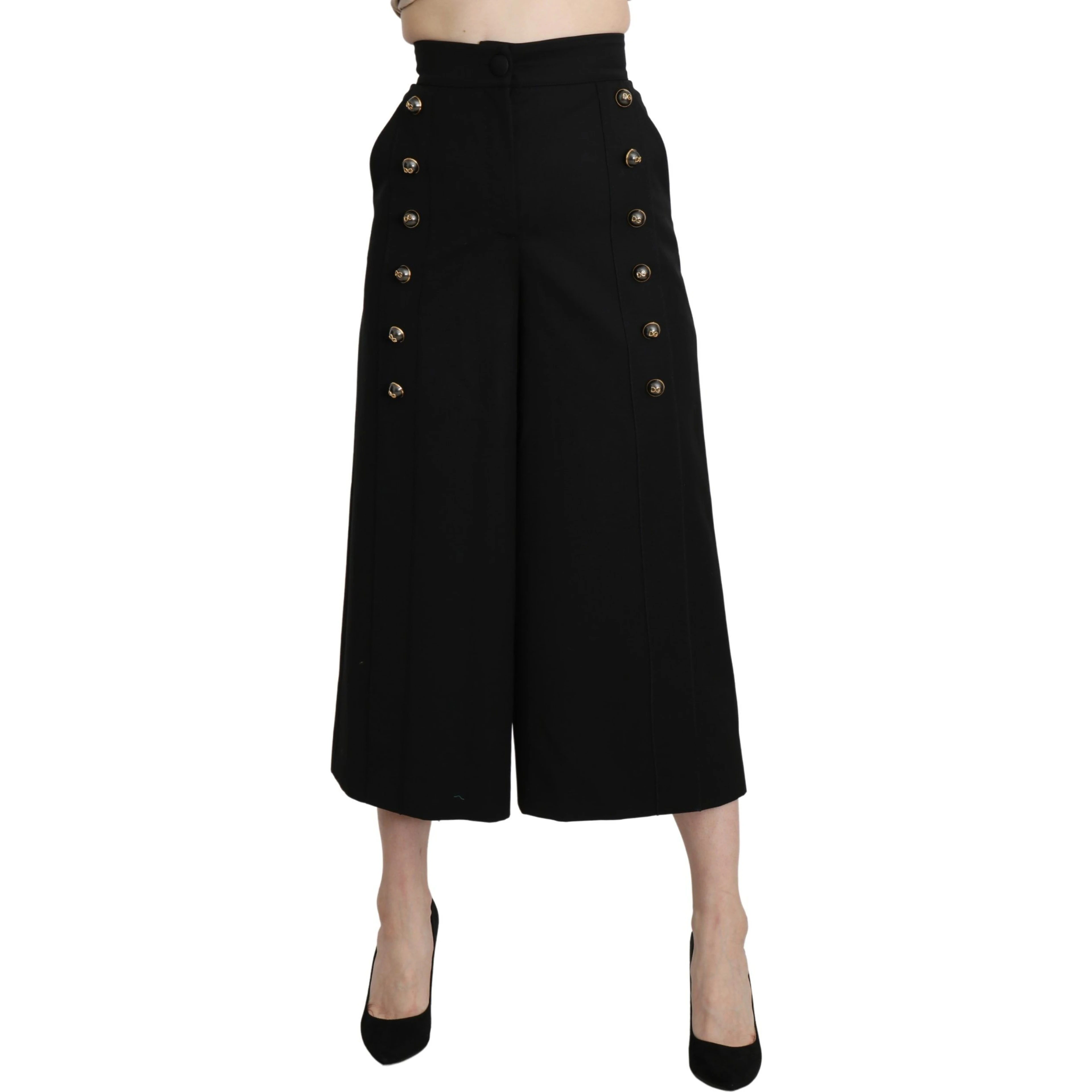 Black Wide Wool Leg Cropped Trouser Pant