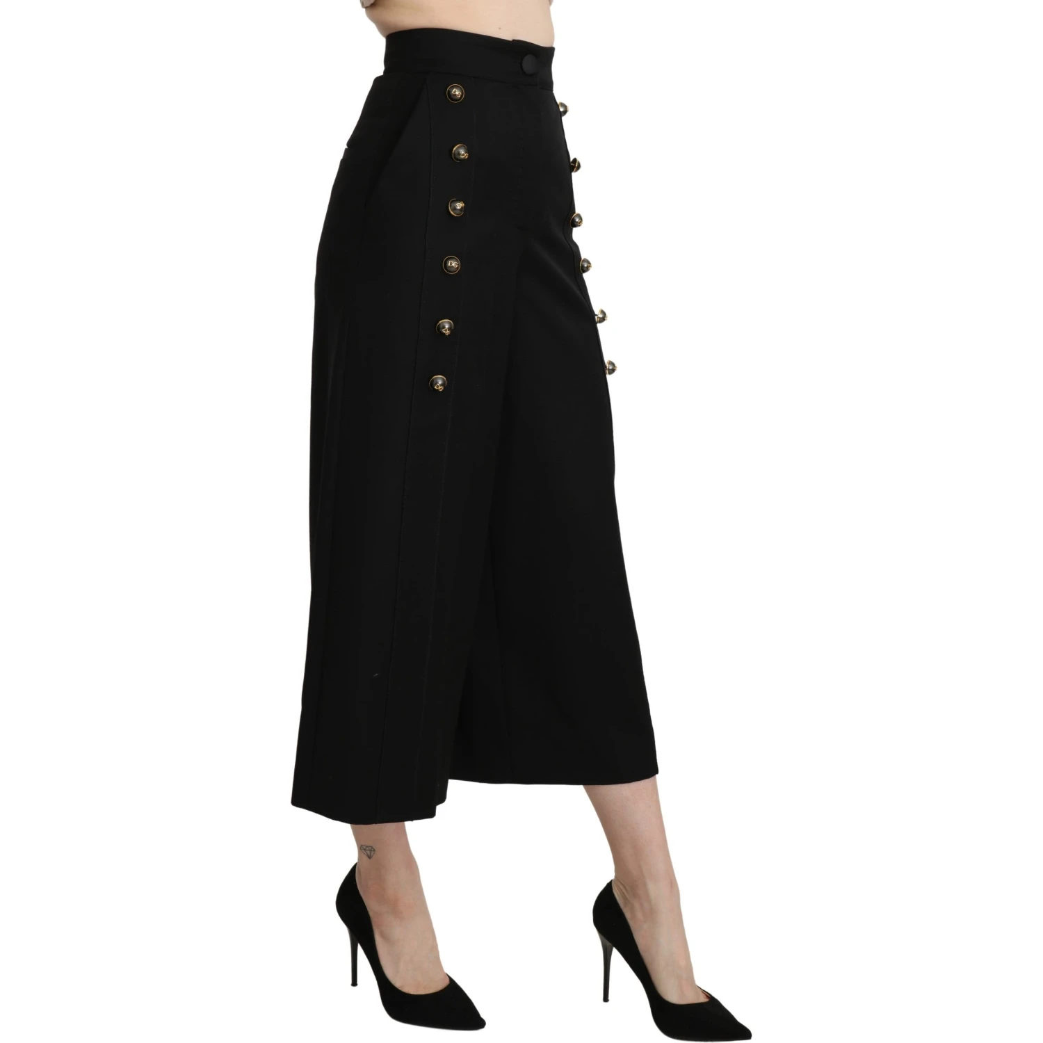 Black Wide Wool Leg Cropped Trouser Pant