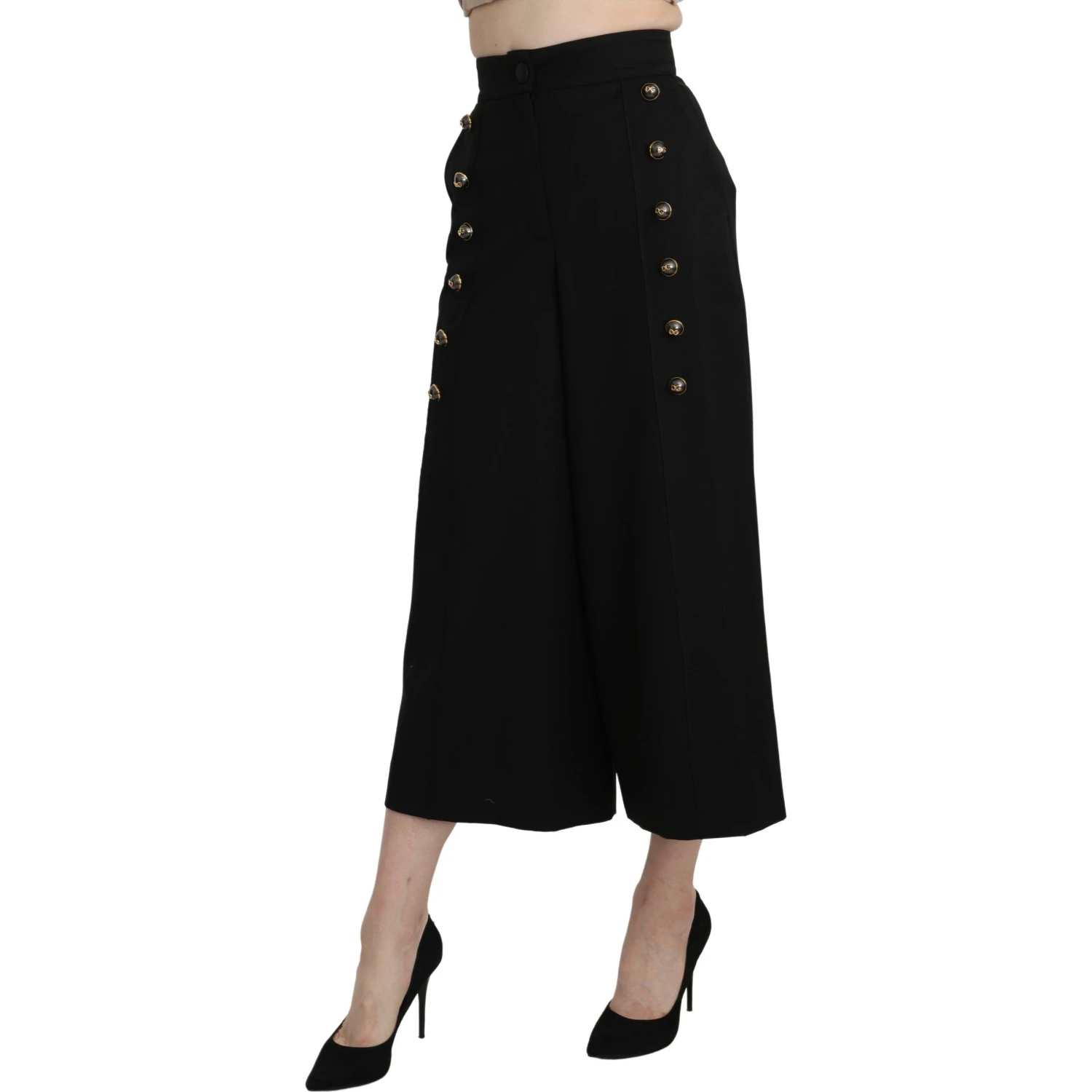 Black Wide Wool Leg Cropped Trouser Pant