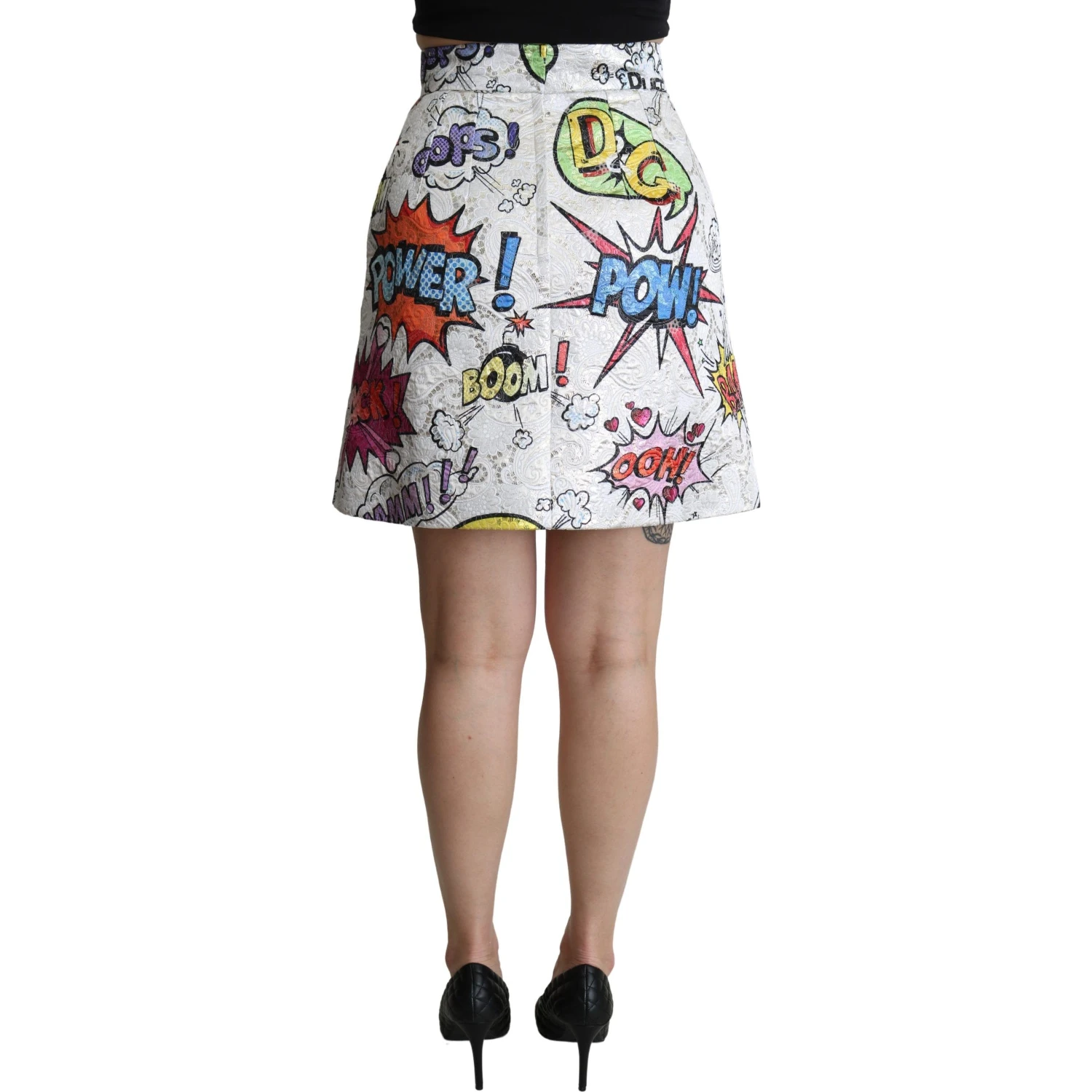 White Cartoon Brocade A-line High Waist Skirt
