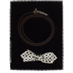 White Silk Bowtie Leather Men Belt Gift Box