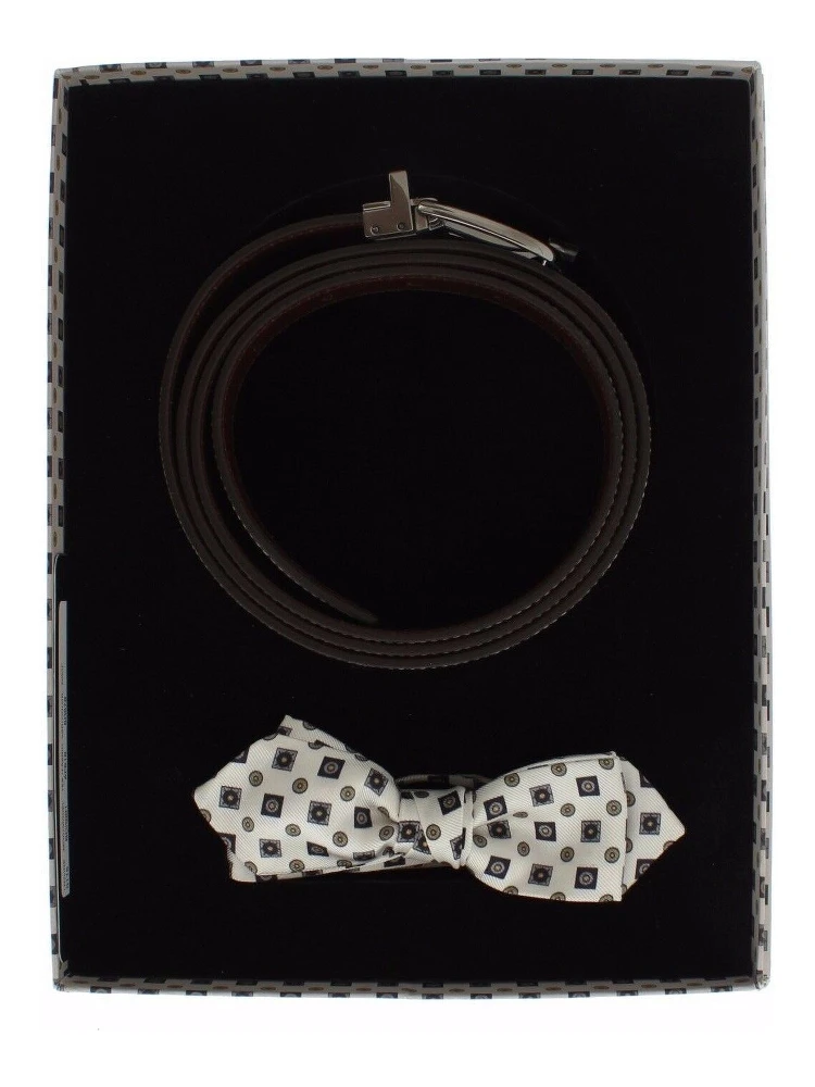 White Silk Bowtie Leather Men Belt Gift Box