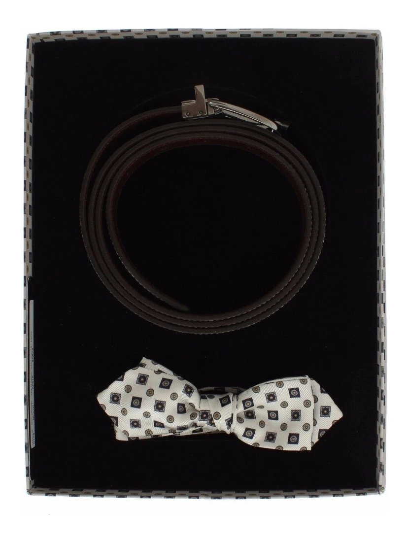 White Silk Bowtie Leather Men Belt Gift Box