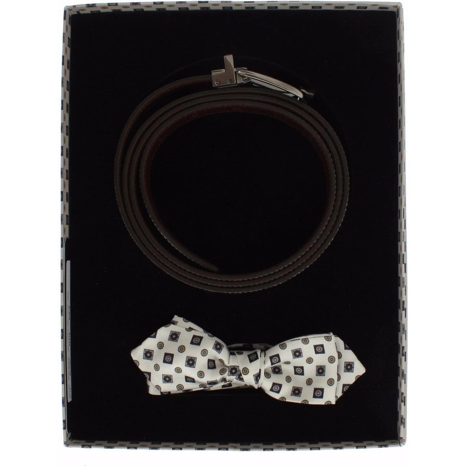 White Silk Bowtie Leather Men Belt Gift Box