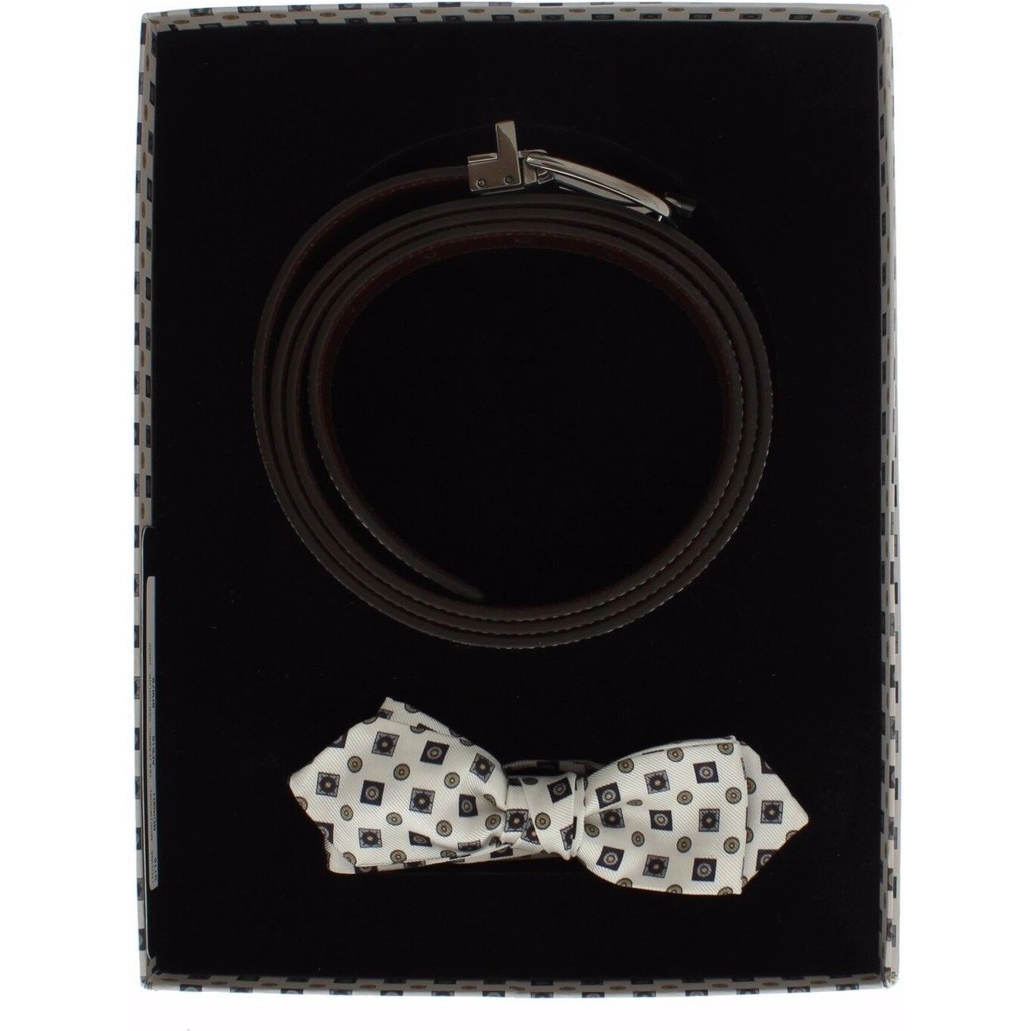 White Silk Bowtie Leather Men Belt Gift Box