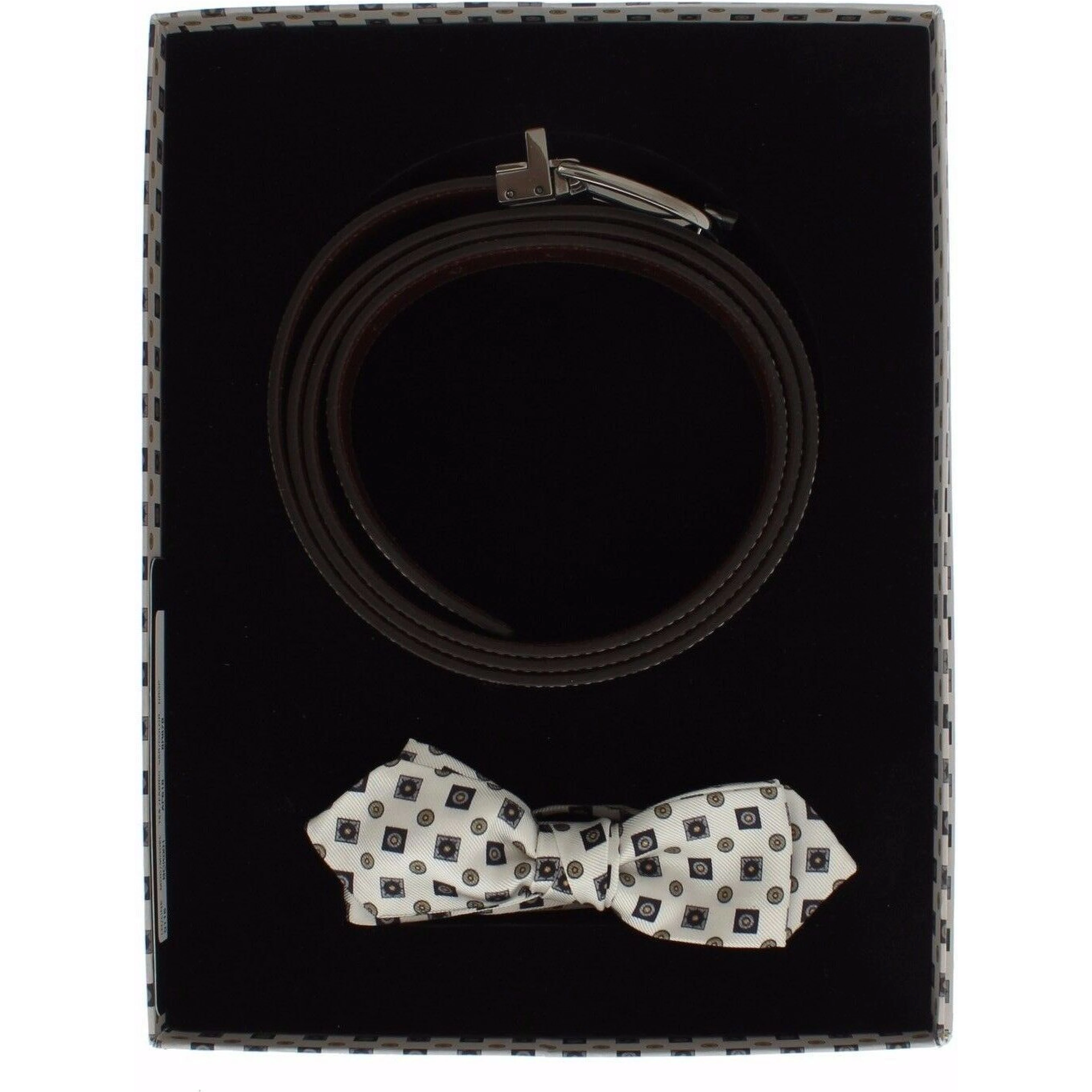 White Silk Bowtie Leather Men Belt Gift Box