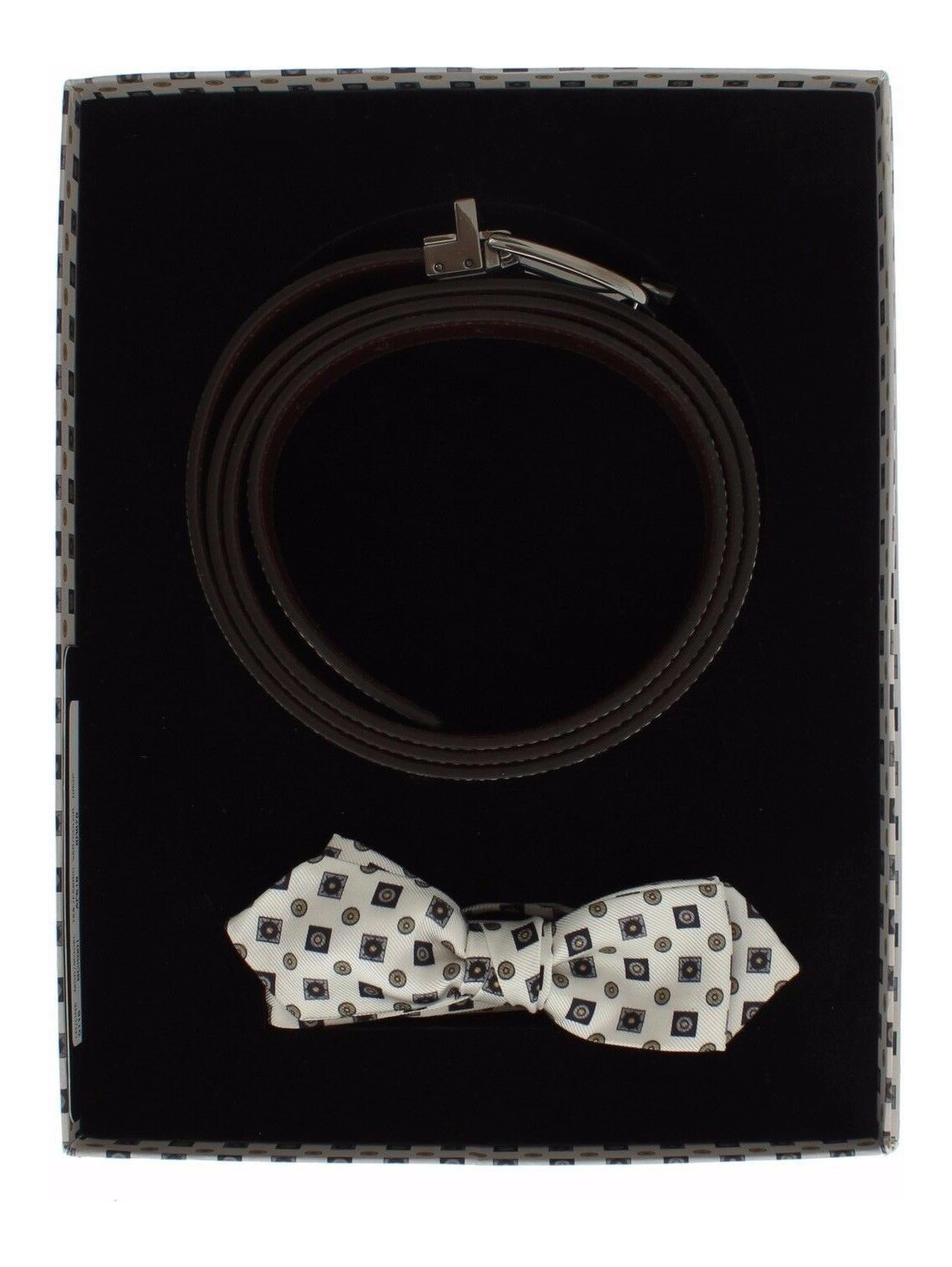 White Silk Bowtie Leather Men Belt Gift Box