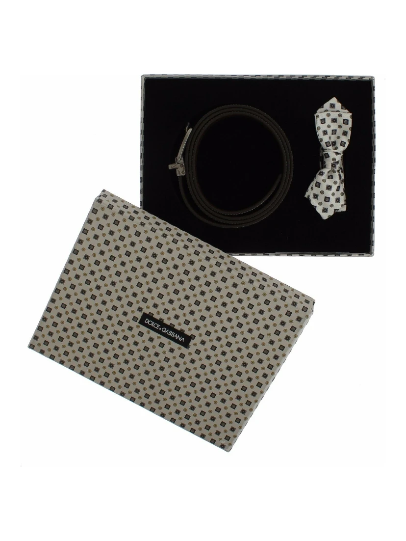 White Silk Bowtie Leather Men Belt Gift Box