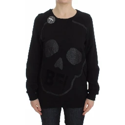 Black Cotton Motive Print Crewneck Pullover Sweater