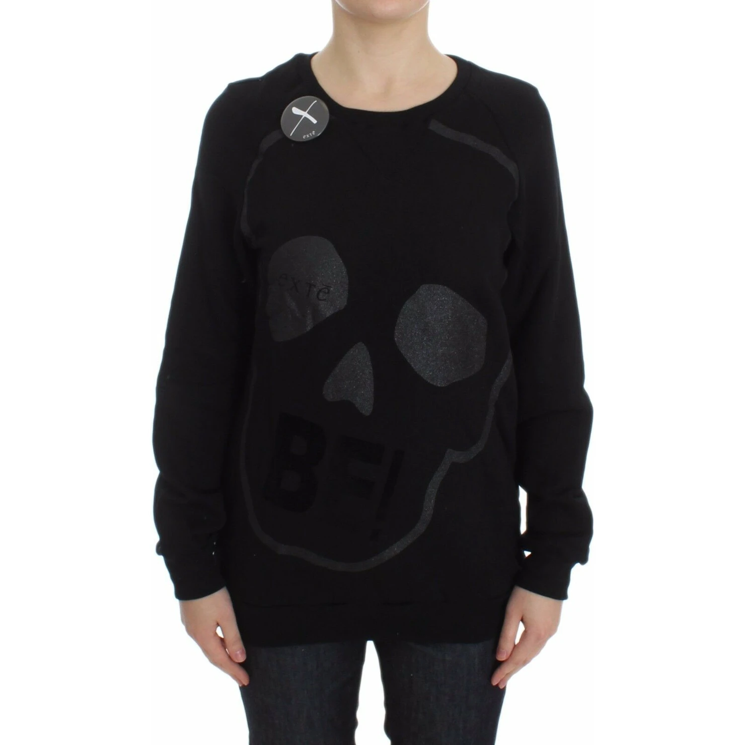 Black Cotton Motive Print Crewneck Pullover Sweater