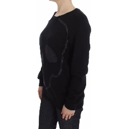 Black Cotton Motive Print Crewneck Pullover Sweater