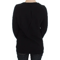 Black Cotton Motive Print Crewneck Pullover Sweater