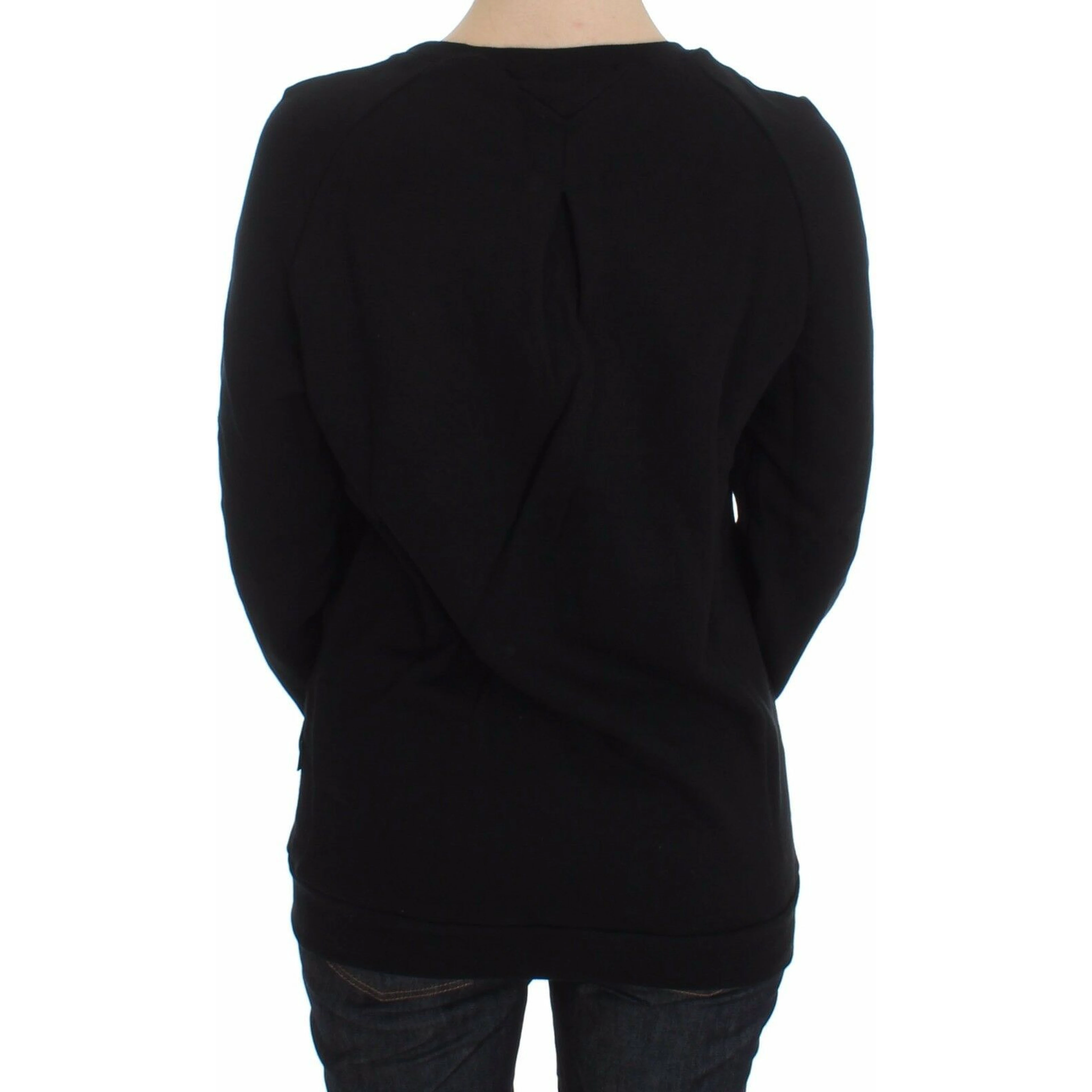 Black Cotton Motive Print Crewneck Pullover Sweater