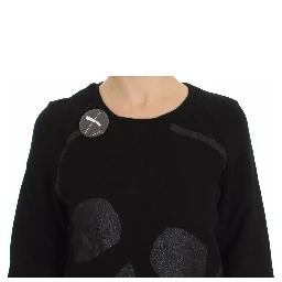 Black Cotton Motive Print Crewneck Pullover Sweater