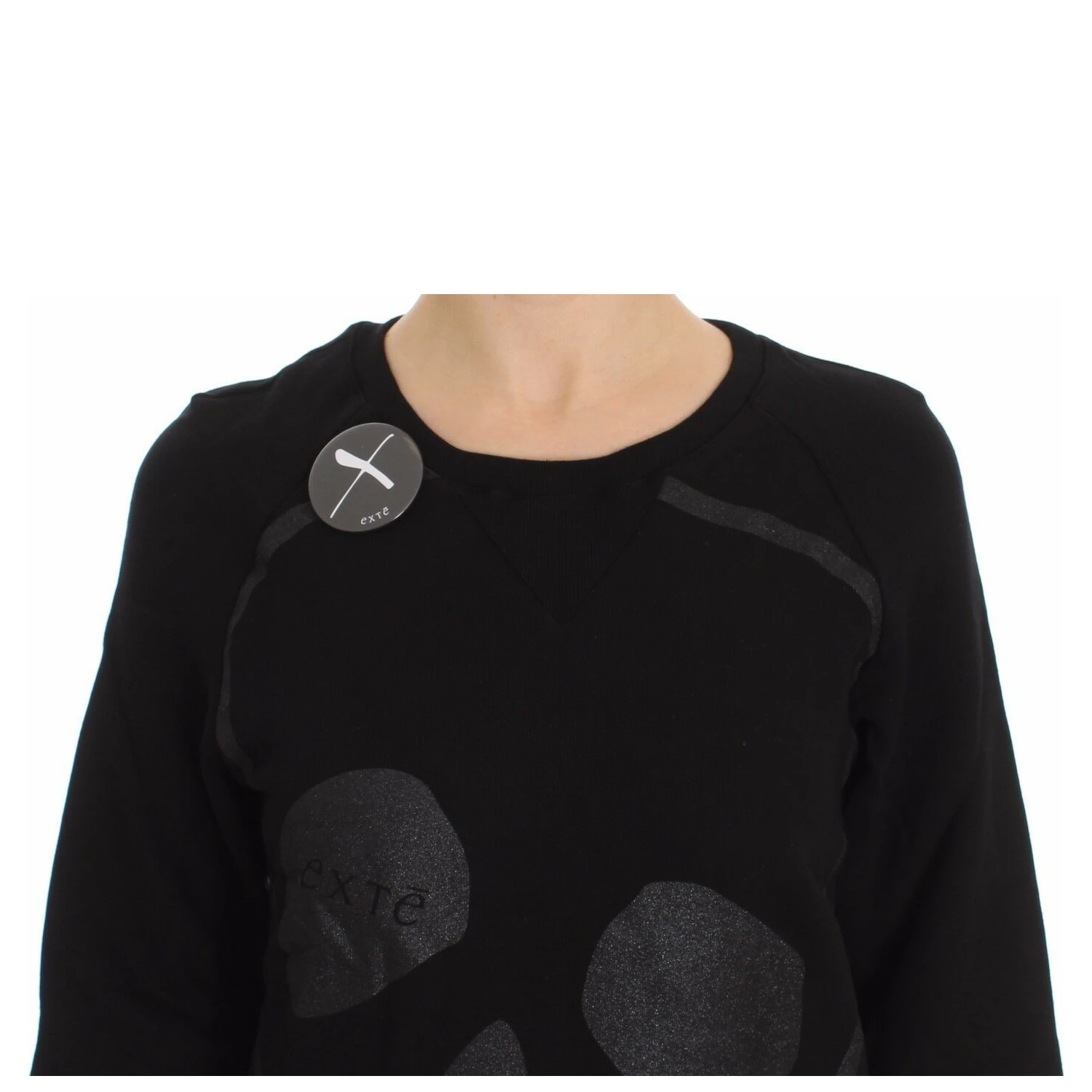 Black Cotton Motive Print Crewneck Pullover Sweater