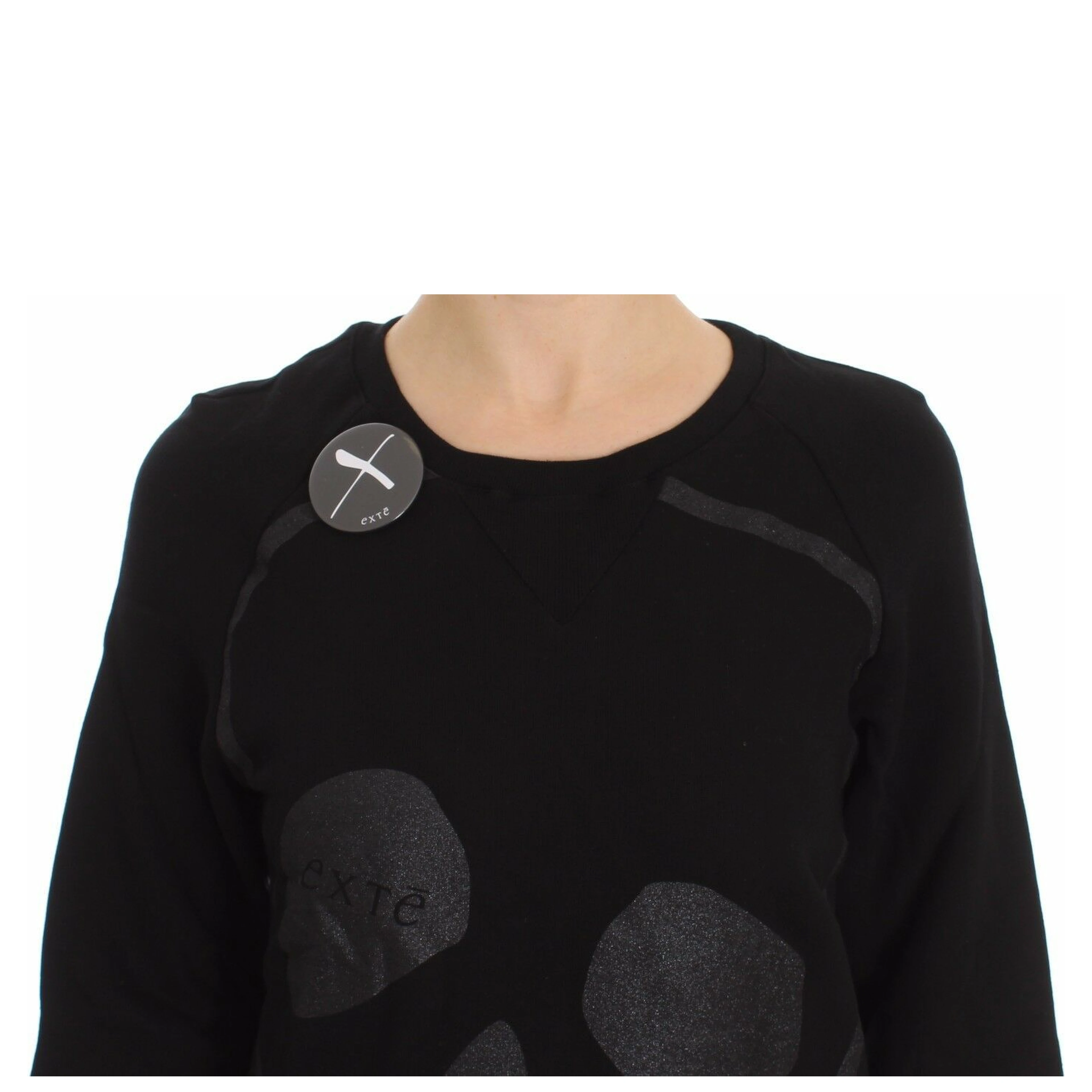Black Cotton Motive Print Crewneck Pullover Sweater