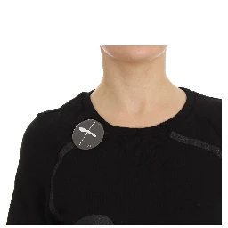Black Cotton Motive Print Crewneck Pullover Sweater