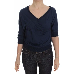 Blue Cotton Top Pullover Deep V-neck Women Sweater
