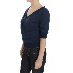Blue Cotton Top Pullover Deep V-neck Women Sweater