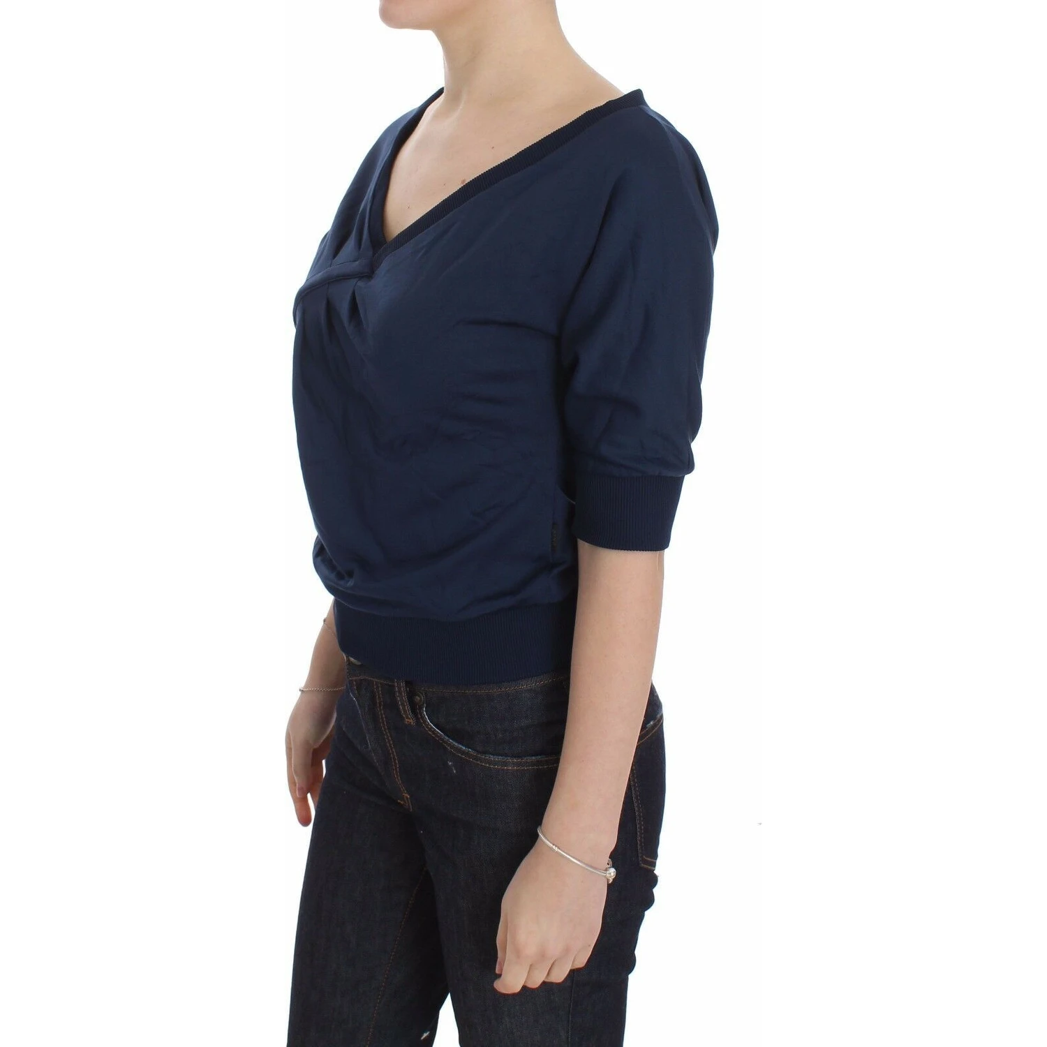 Blue Cotton Top Pullover Deep V-neck Women Sweater