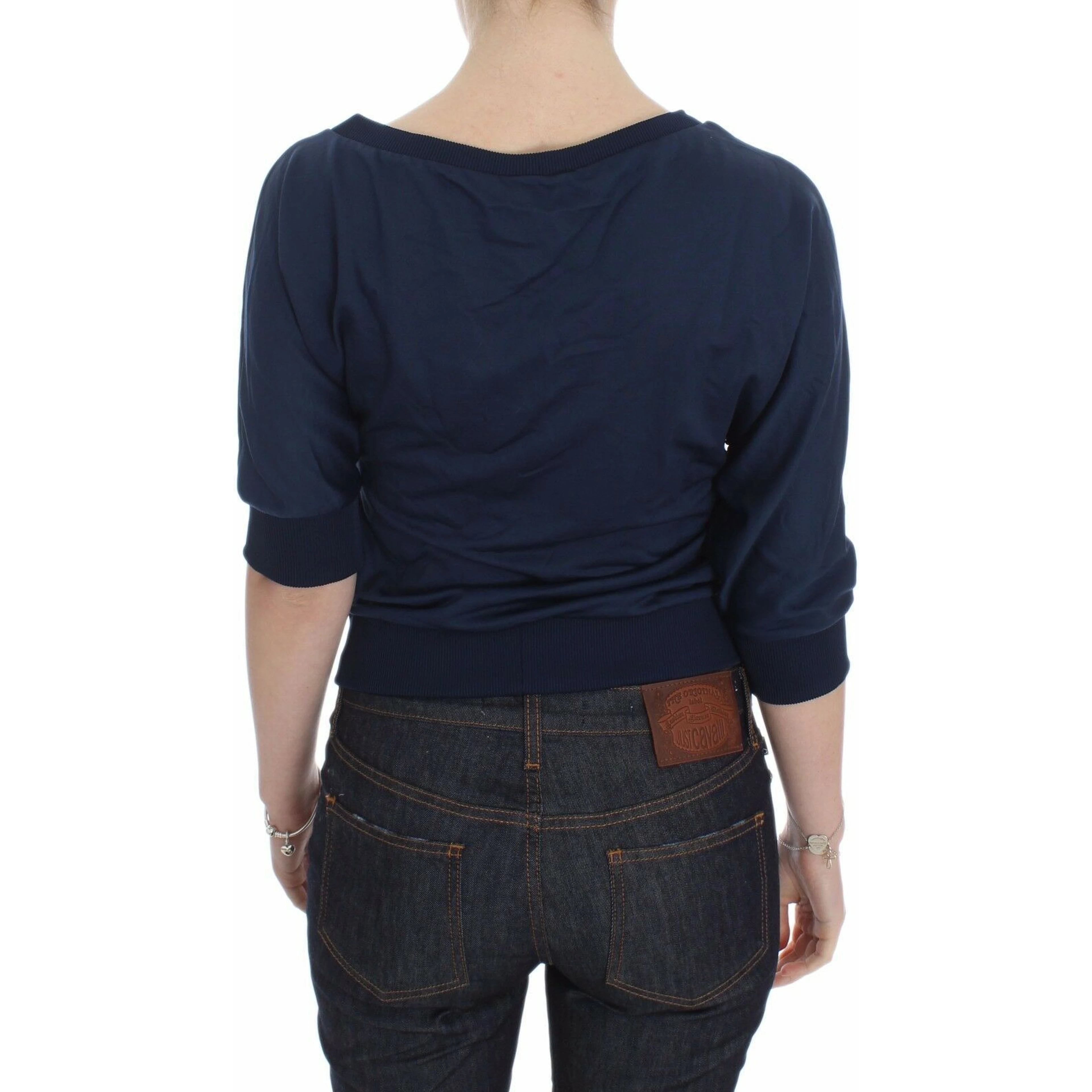 Blue Cotton Top Pullover Deep V-neck Women Sweater