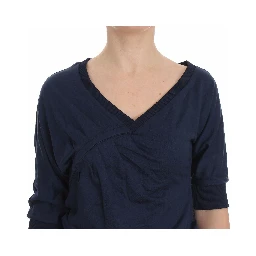 Blue Cotton Top Pullover Deep V-neck Women Sweater