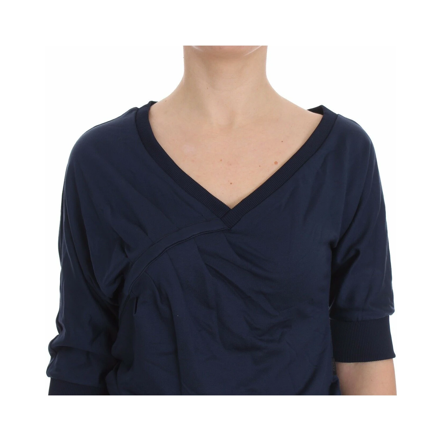 Blue Cotton Top Pullover Deep V-neck Women Sweater
