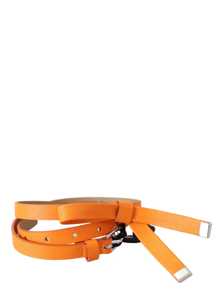 Orange Tangerine Leather Slim Silver Metal Buckle Belt