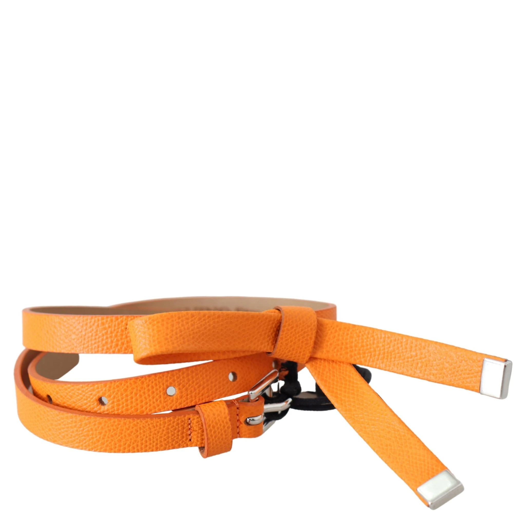 Orange Tangerine Leather Slim Silver Metal Buckle Belt