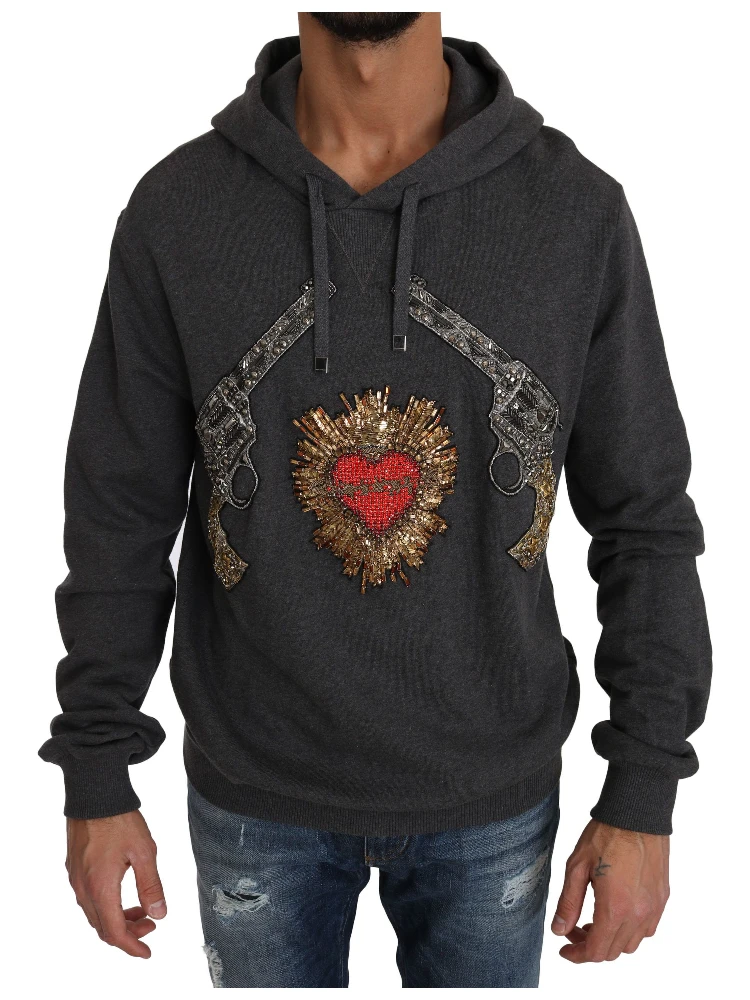 Gray Hooded Red Crystal Heart Gun Sweater
