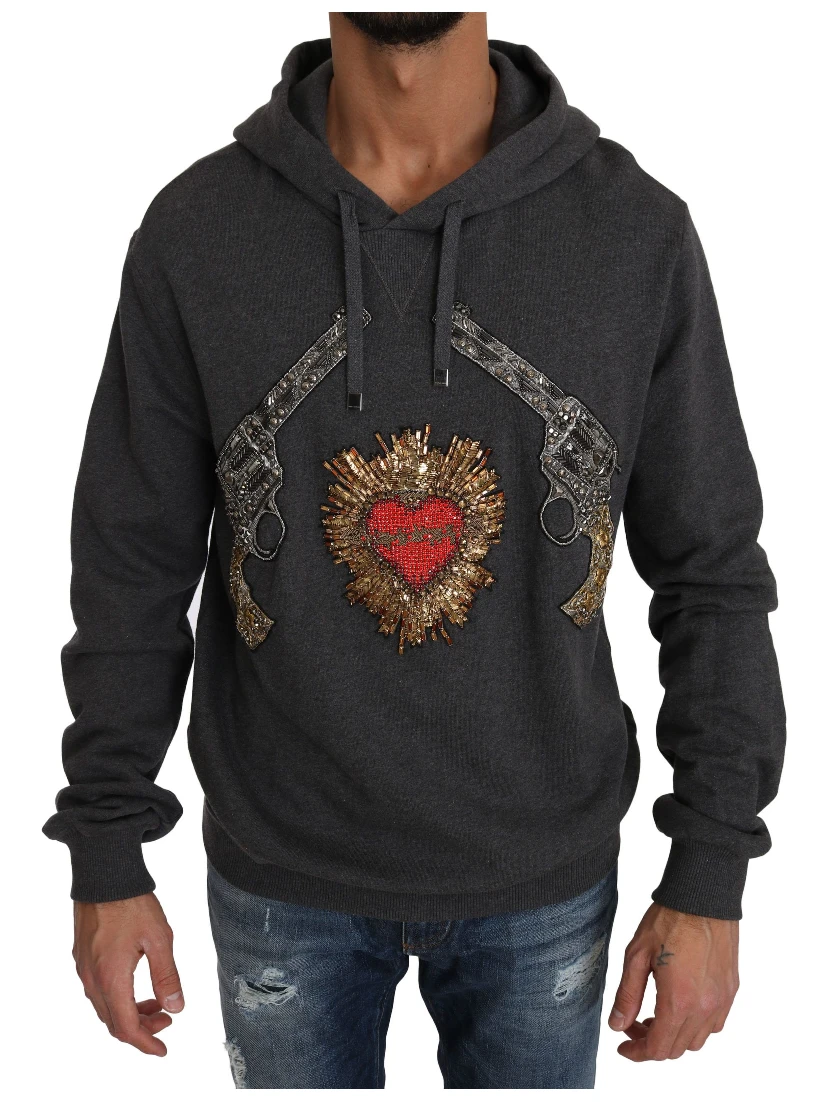 Gray Hooded Red Crystal Heart Gun Sweater