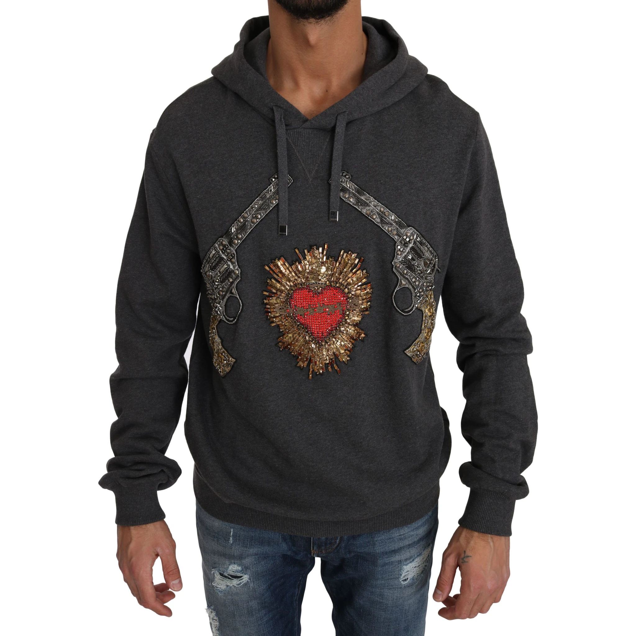 Gray Hooded Red Crystal Heart Gun Sweater
