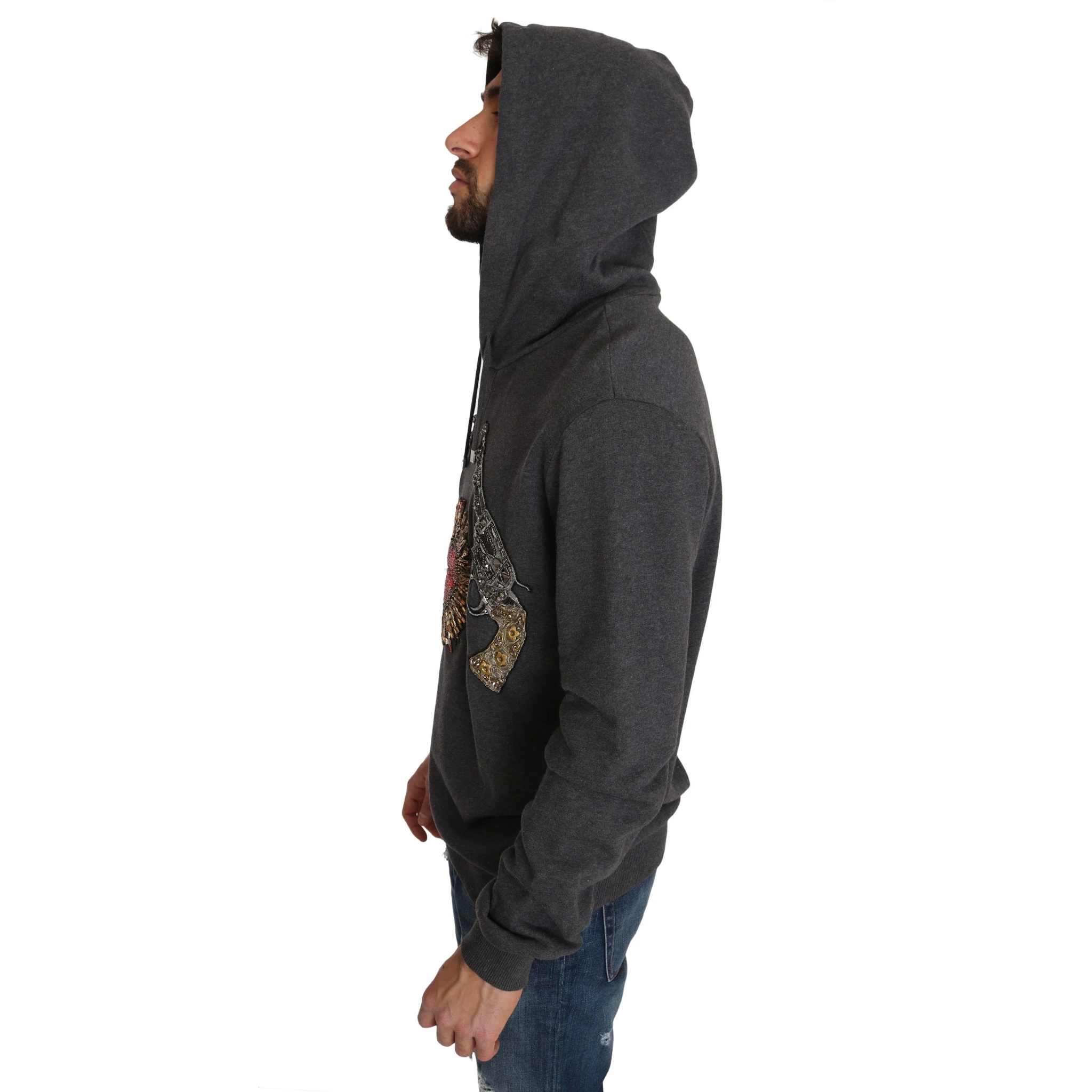 Gray Hooded Red Crystal Heart Gun Sweater