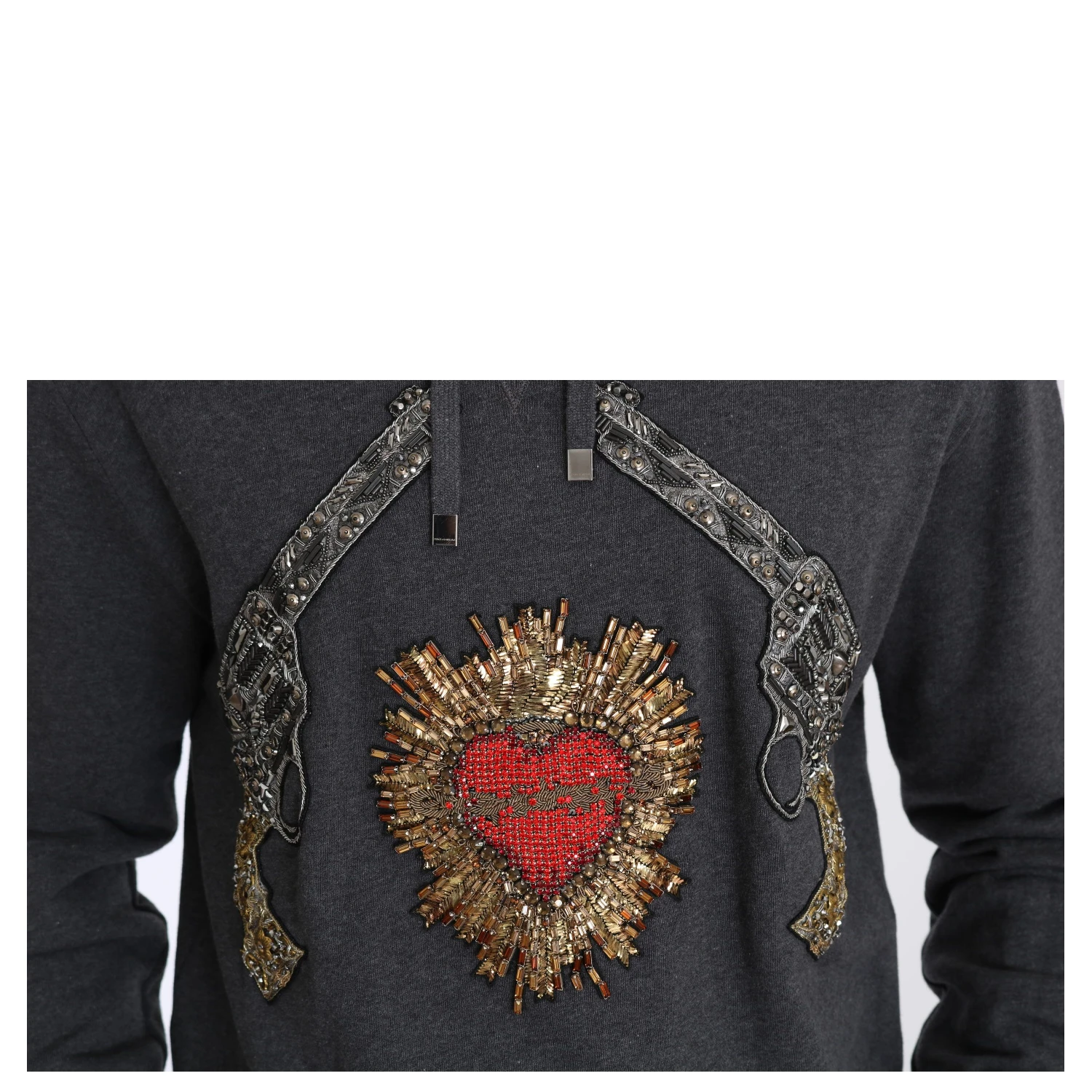 Gray Hooded Red Crystal Heart Gun Sweater