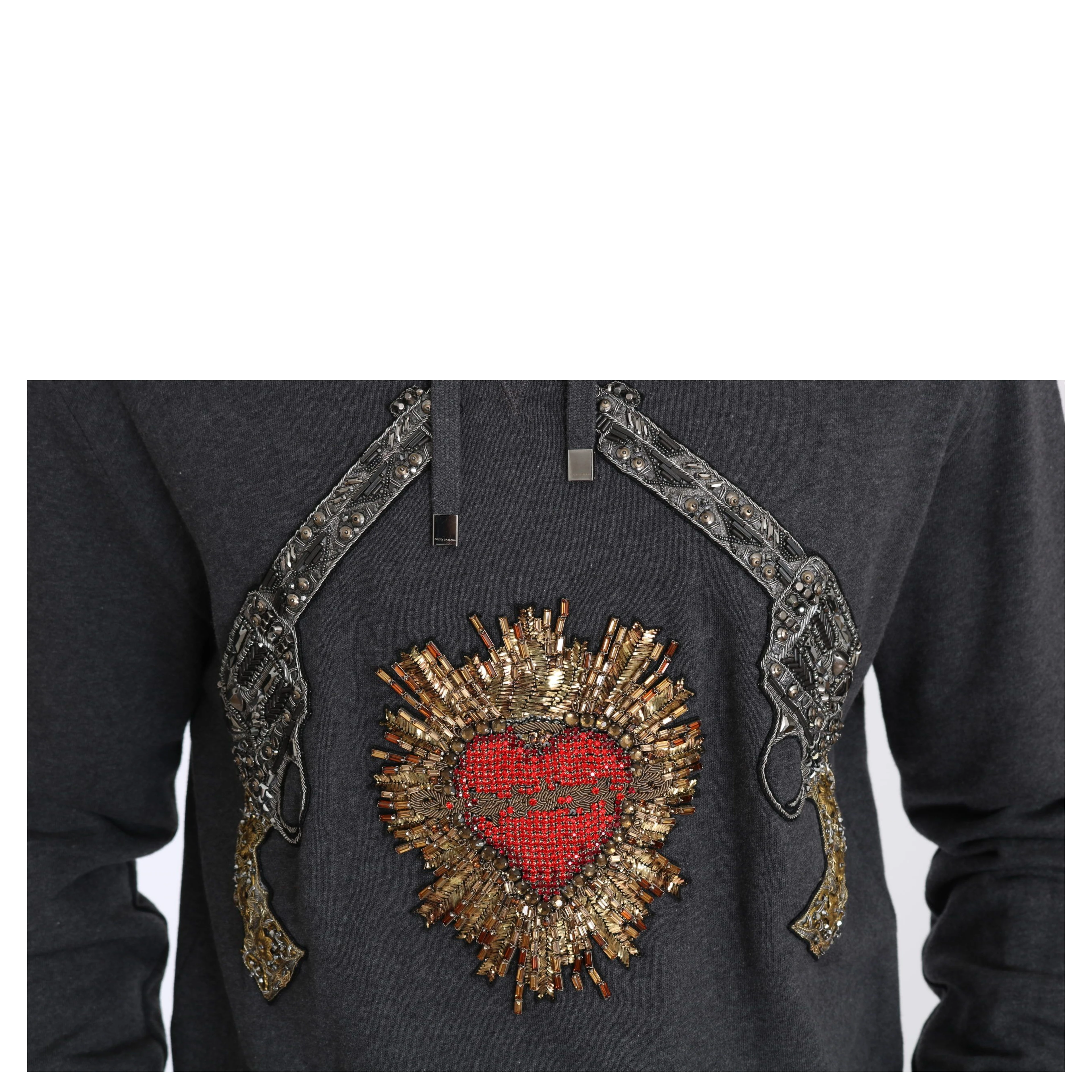 Gray Hooded Red Crystal Heart Gun Sweater