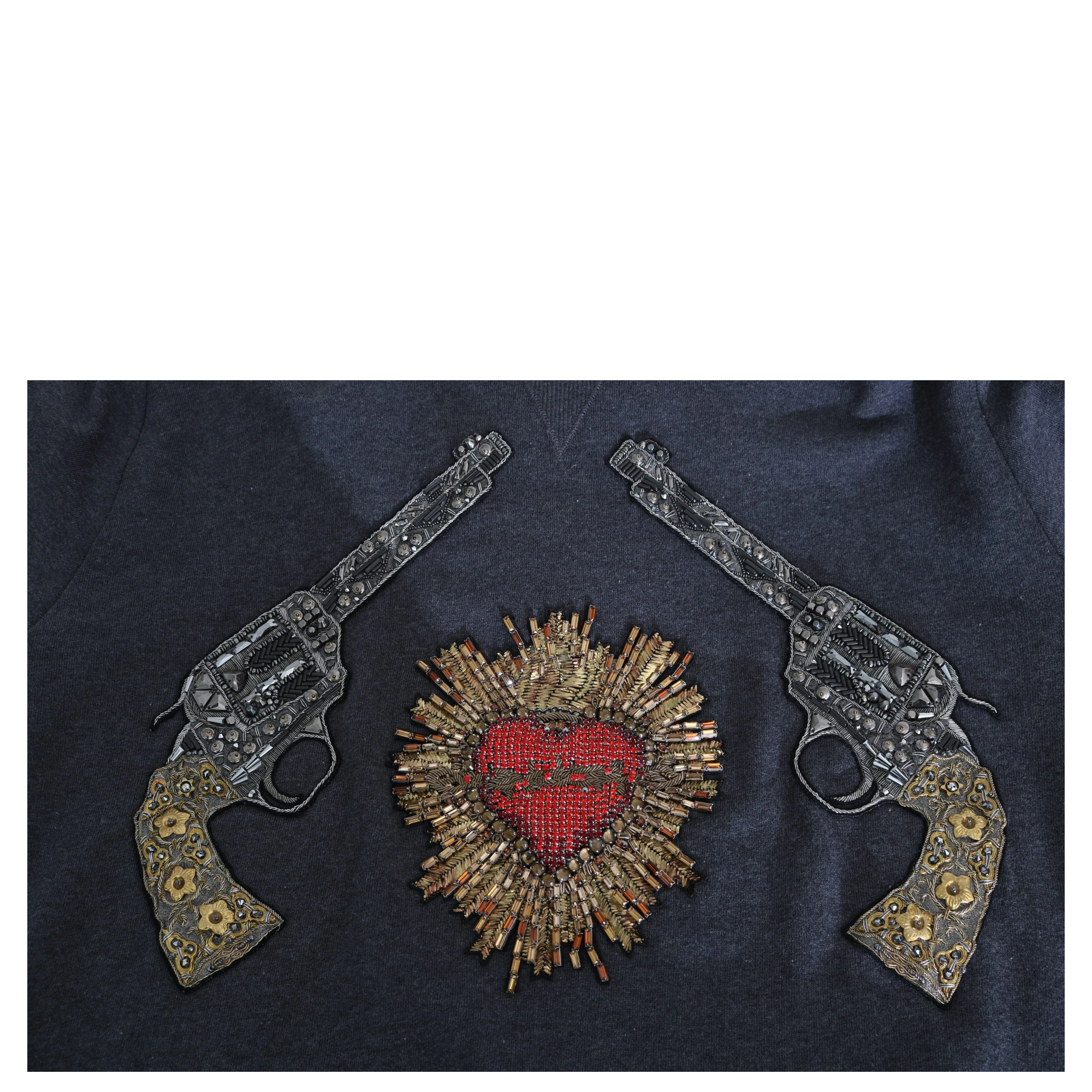 Gray Hooded Red Crystal Heart Gun Sweater