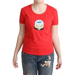 Red Printed Cotton Short Sleeves Tops Blouse T-shirt