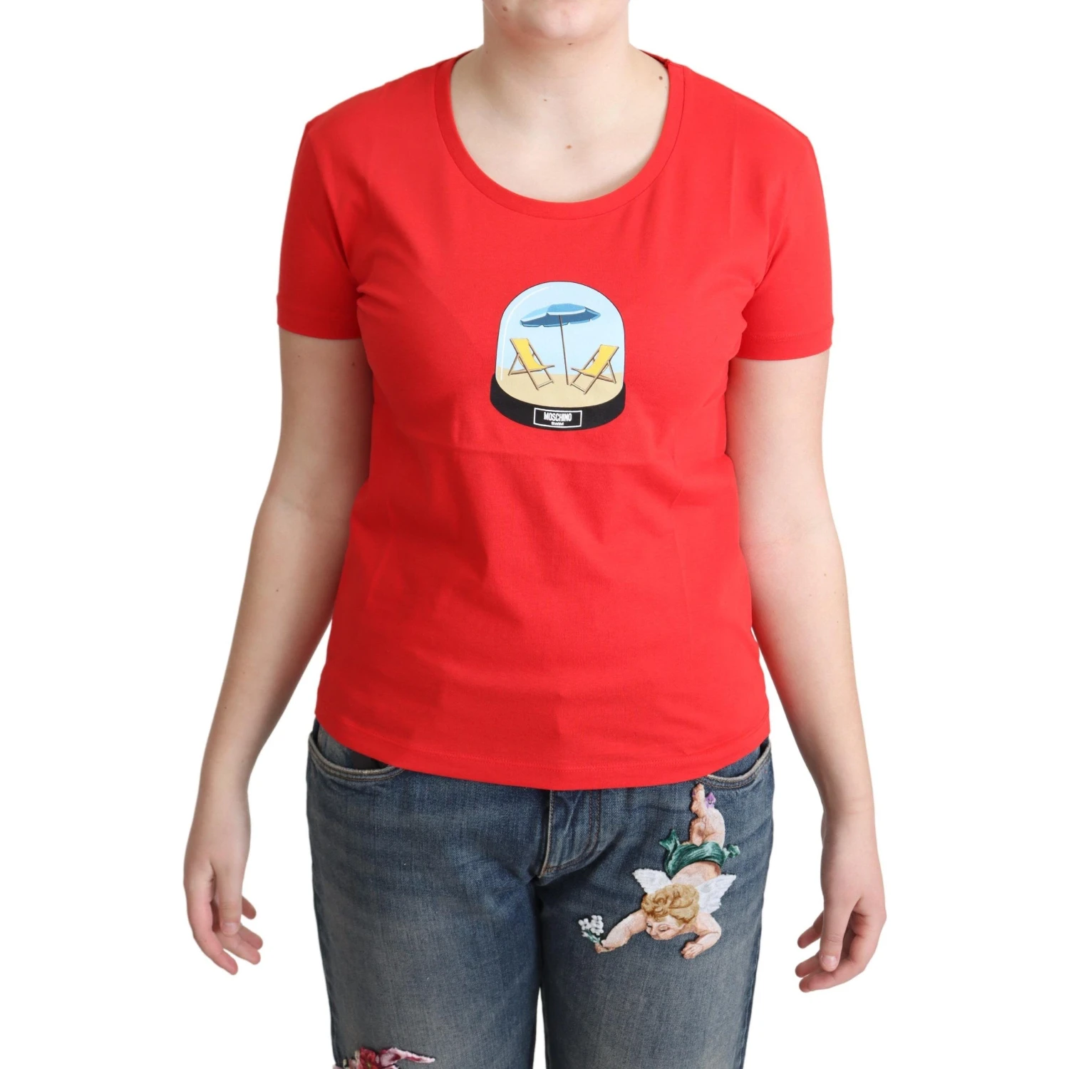Red Printed Cotton Short Sleeves Tops Blouse T-shirt