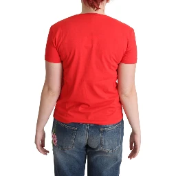 Red Printed Cotton Short Sleeves Tops Blouse T-shirt