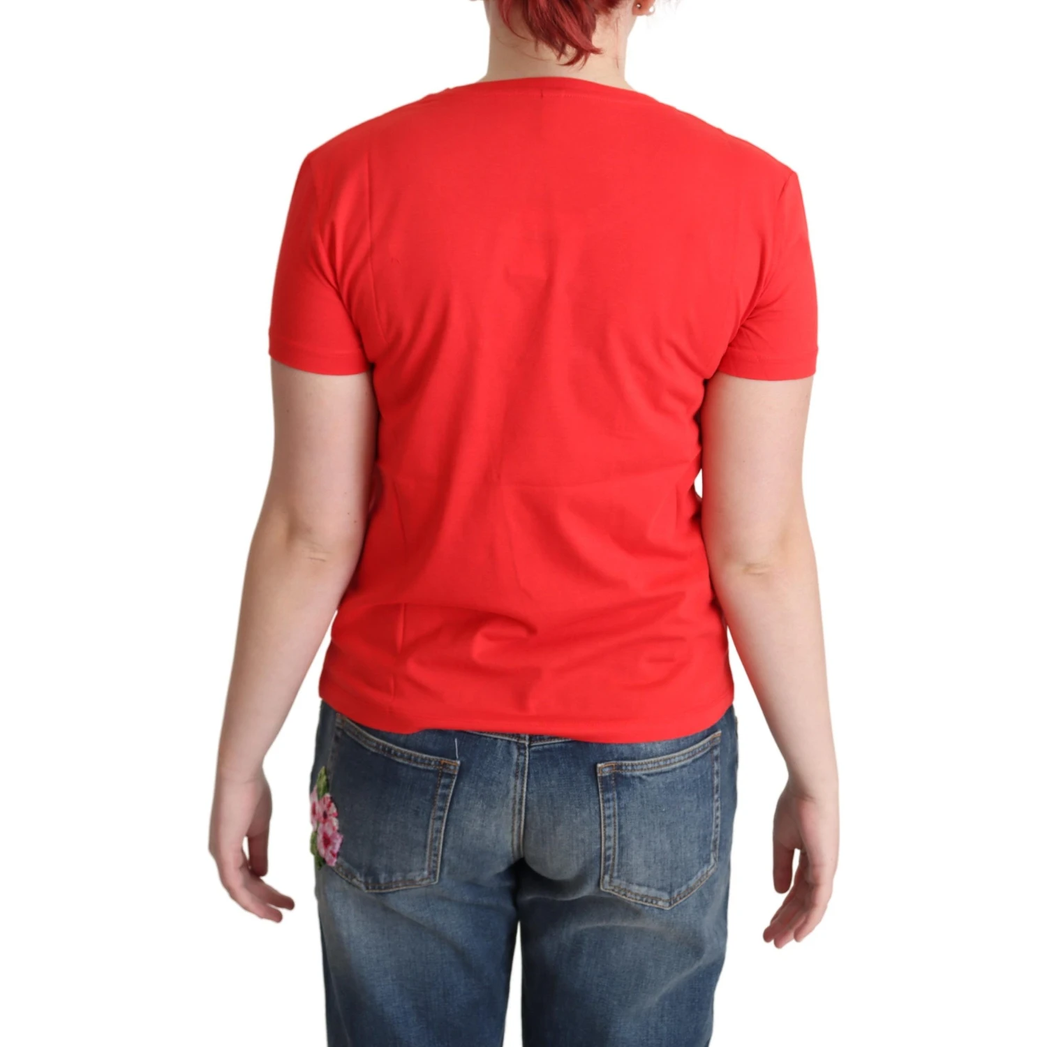 Red Printed Cotton Short Sleeves Tops Blouse T-shirt