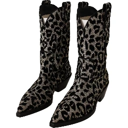 Gray Black Leopard Cowboy Boots Shoes
