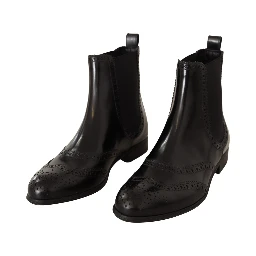 Black Leather Ankle High Flat Boots Shoes