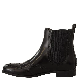 Black Leather Ankle High Flat Boots Shoes