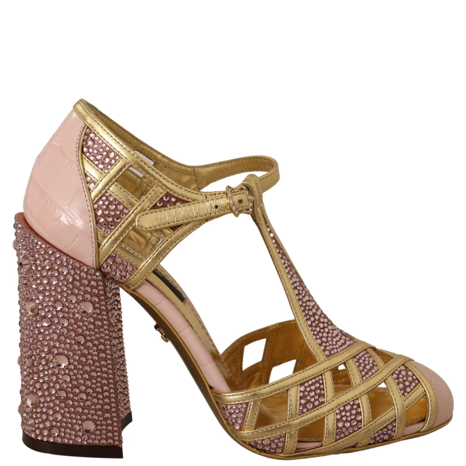 Pink Gold Leather Crystal Pumps T-strap Shoes