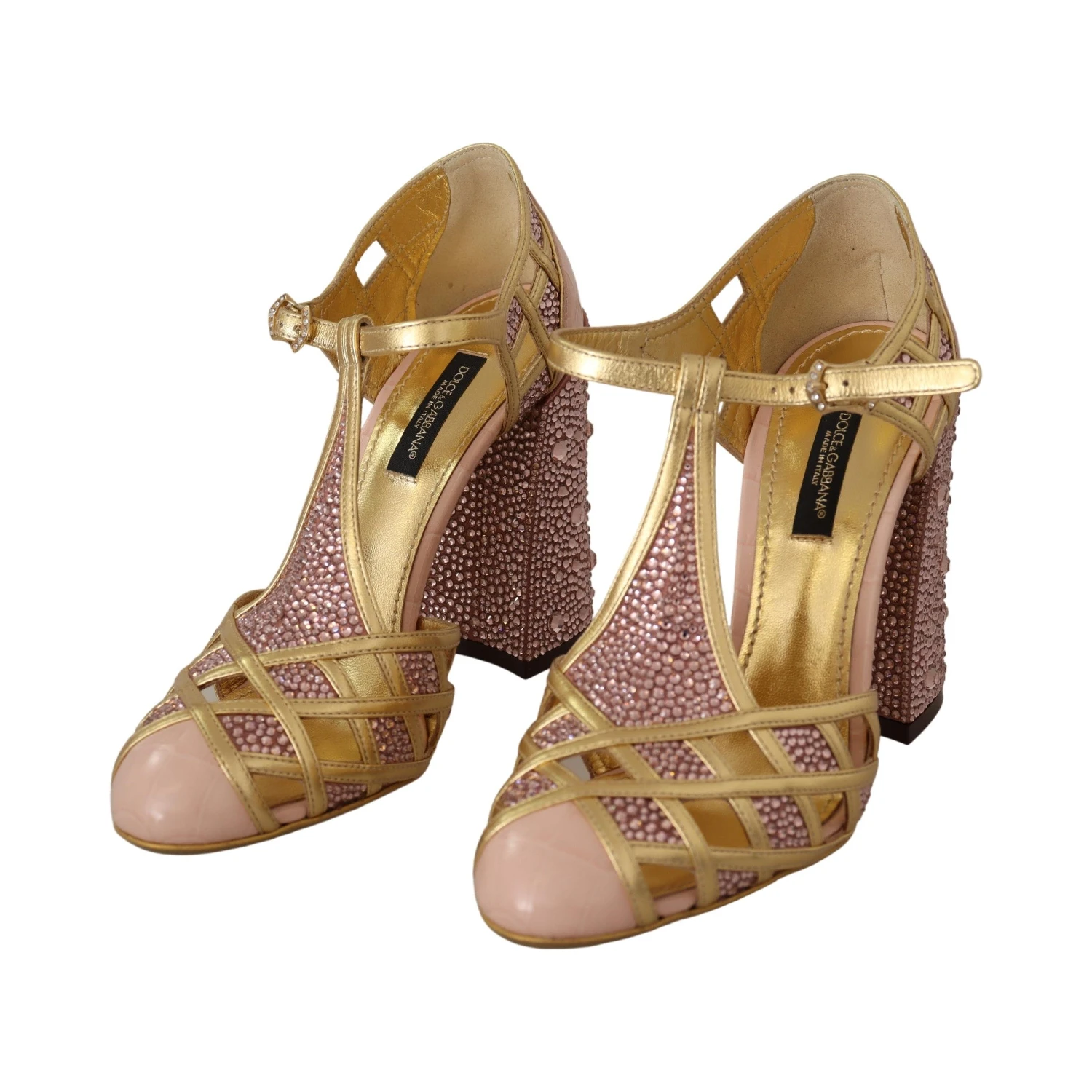 Pink Gold Leather Crystal Pumps T-strap Shoes